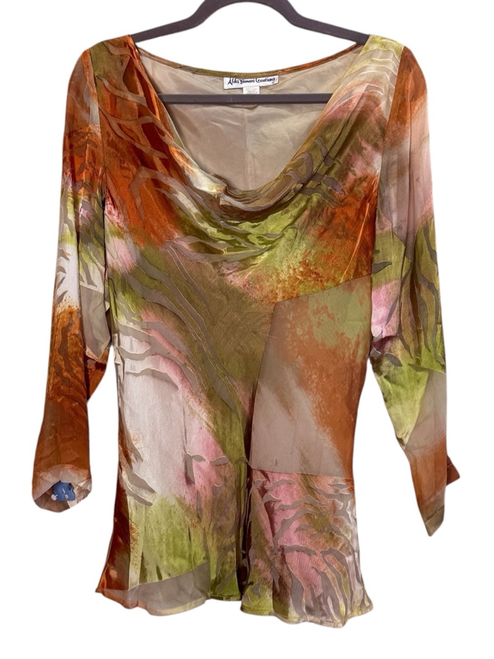 Aliki Yamani Creations Vintage Y2K Silk Blend Burnout Sheer Cowl Neck Top sz M